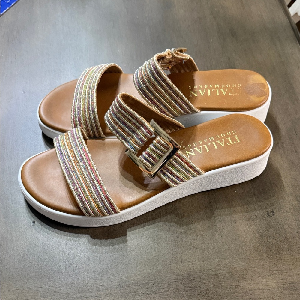 Italian Shoemakers Multistripe Buckle Slide Sandals — Tan Footbed, White Sole - Picture 3 of 6